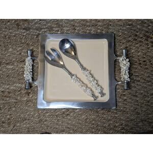 BEAUTIFUL NAUTICAL SEASHELLS SILVER CREAM SERVING DISH, FORK, SPOON COASTAL GIFT